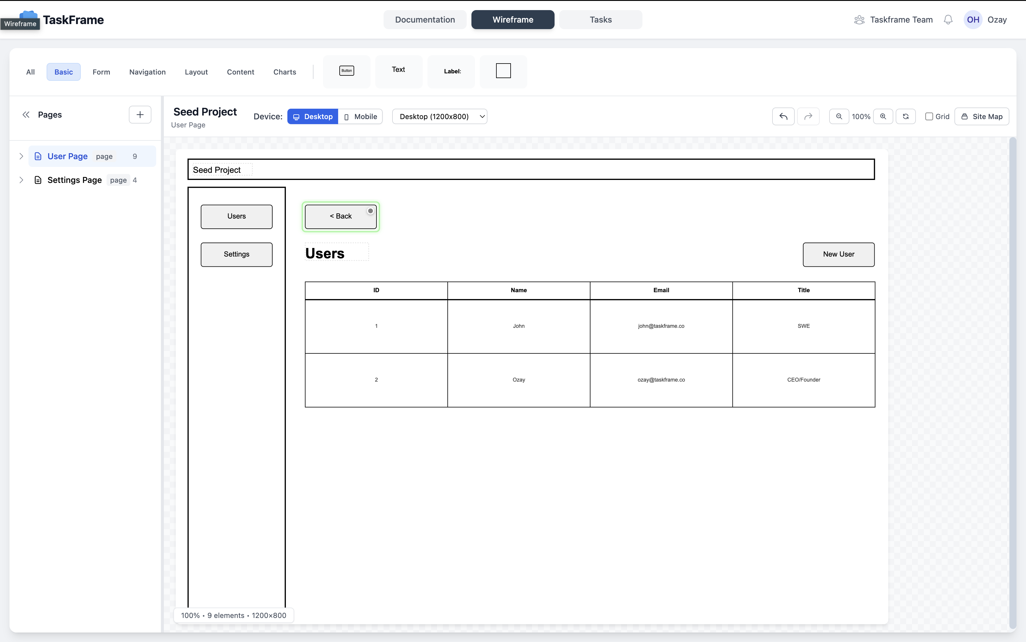 TaskFrame Wireframe to Task workflow demonstration